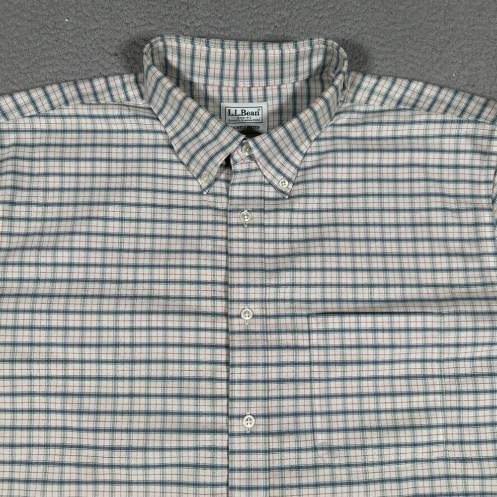 LL Bean Shirt Mens 17.5 34 Blue Plaid Slightly Fitted Button‎ Down Casual Preppy